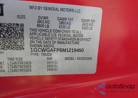 2021 Chevrolet Express Cargo Rwd 2500 Regular Wheelbase Wt z USA, uszkodzony, nr VIN 1GCWGAFP6M1219450